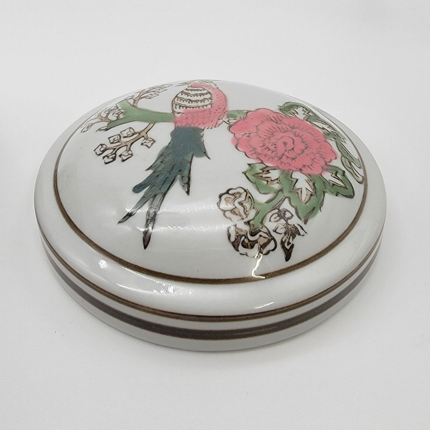 Chinoisorie Style Porcelain Trinket Box Pink Bird NEW