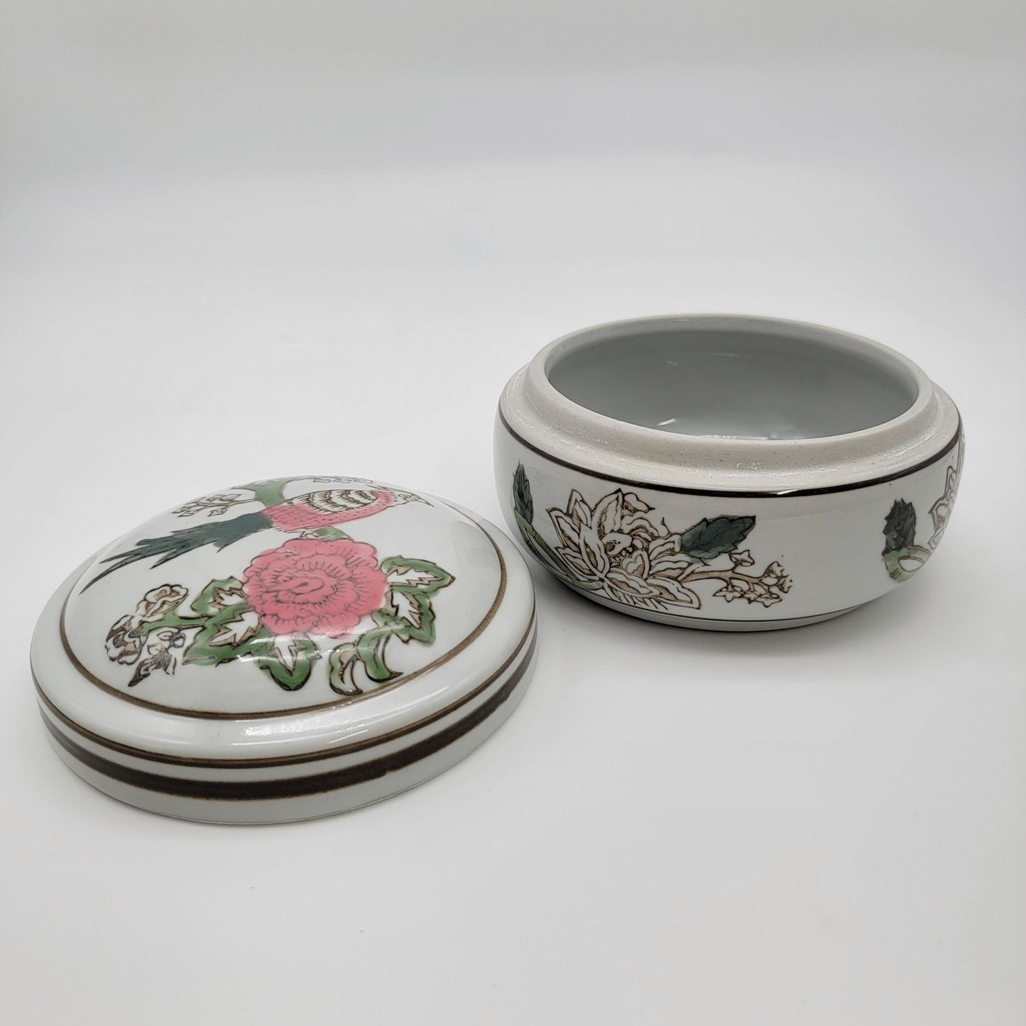 Chinoisorie Style Porcelain Trinket Box Pink Bird NEW