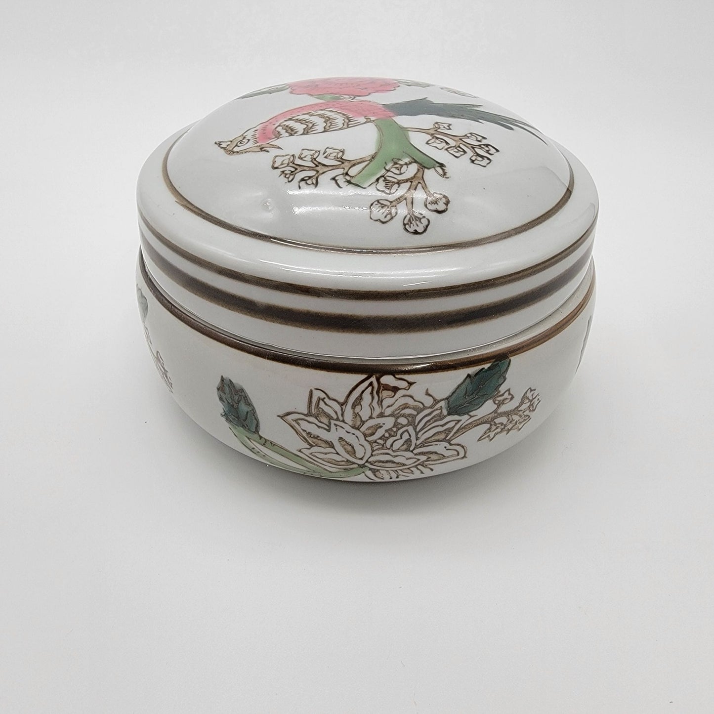 Chinoisorie Style Porcelain Trinket Box Pink Bird NEW