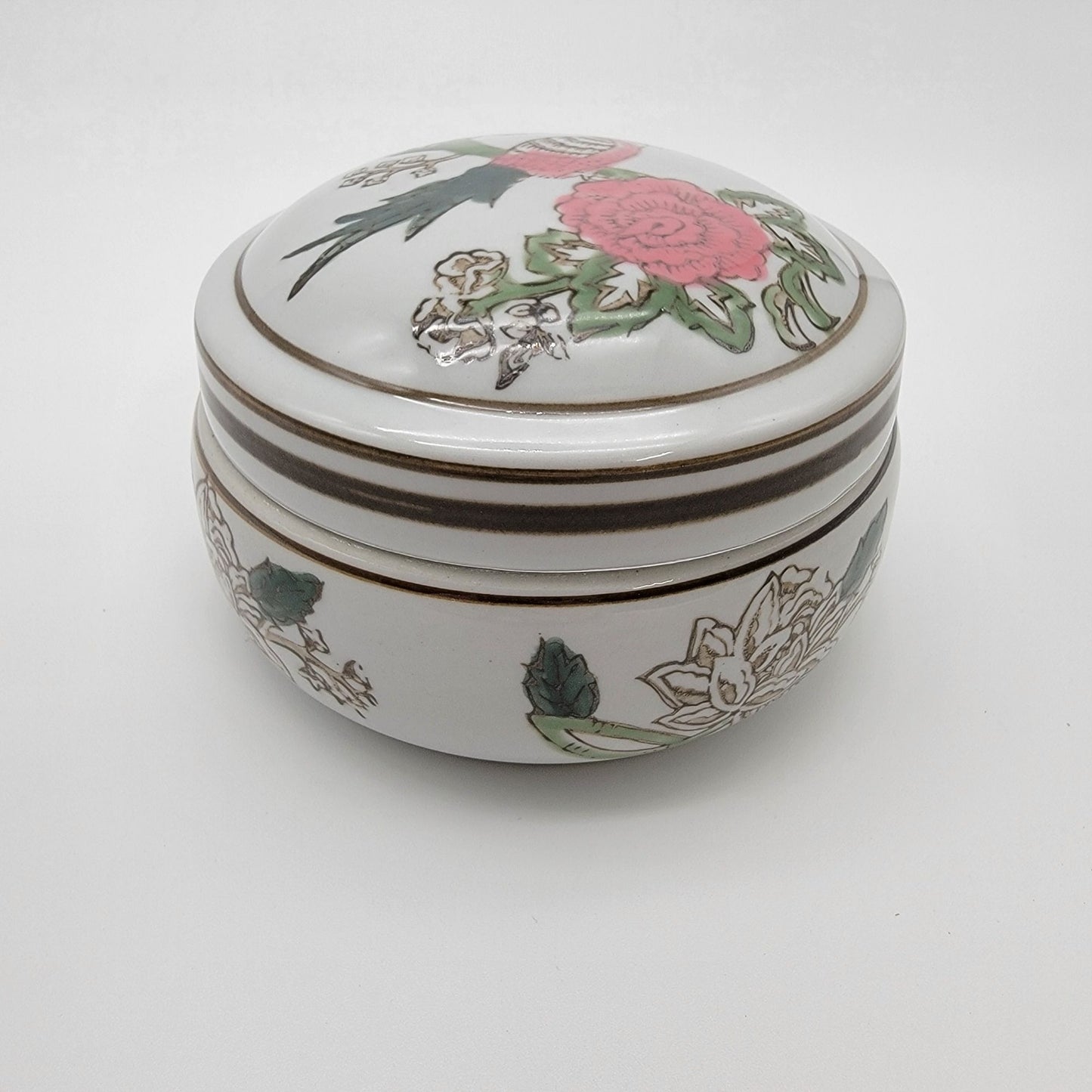 Chinoisorie Style Porcelain Trinket Box Pink Bird NEW