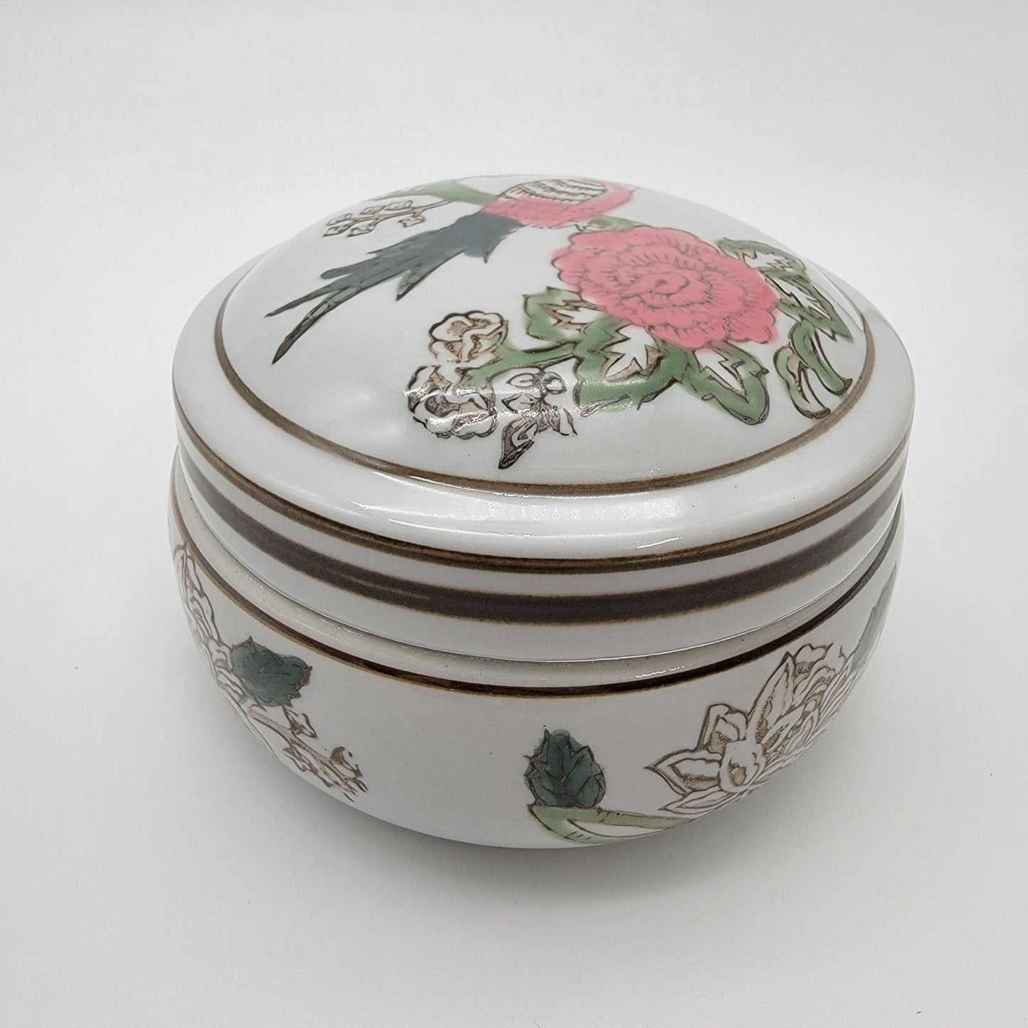 Chinoisorie Style Porcelain Trinket Box Pink Bird NEW