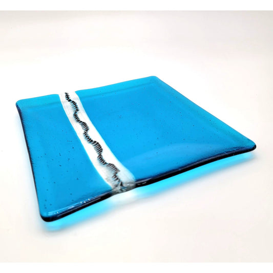 Fused Glass Blue Square Dish With Optical Effect Stripe