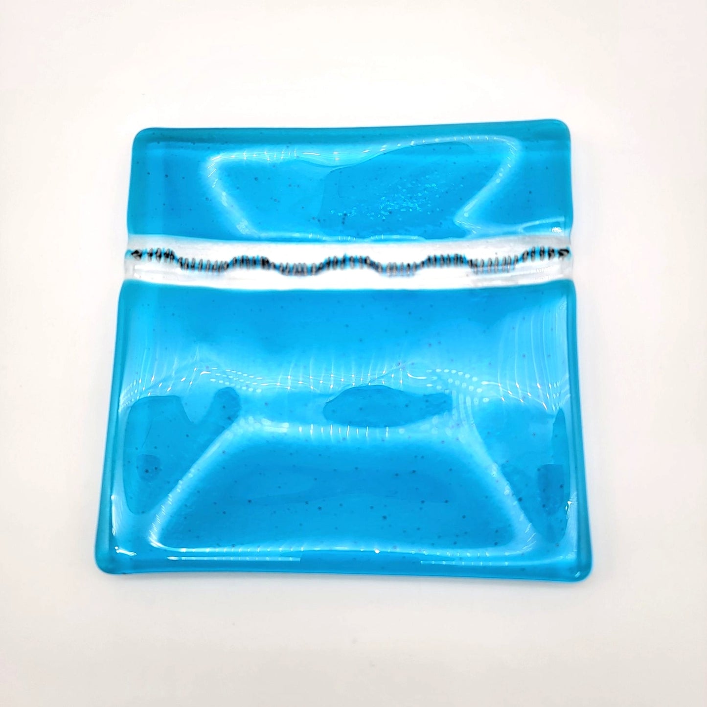 Fused Glass Blue Square Dish With Optical Effect Stripe