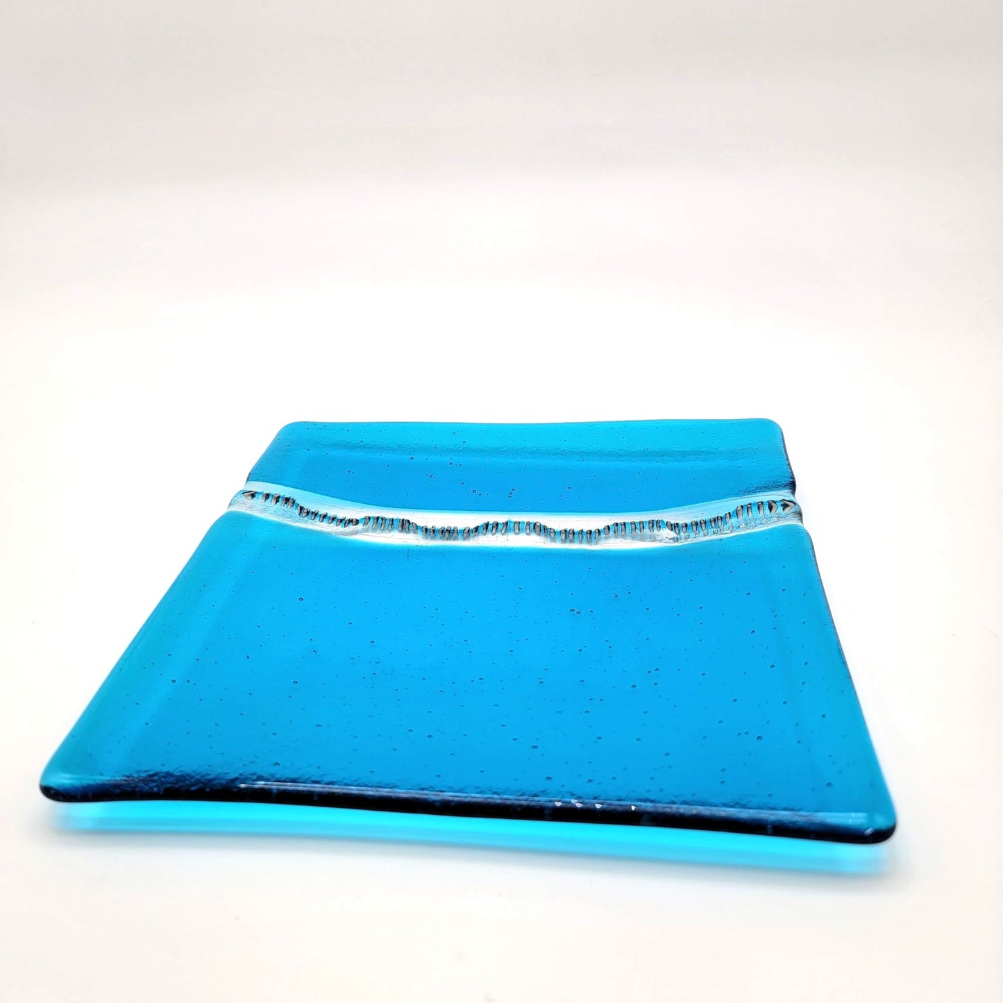 Fused Glass Blue Square Dish With Optical Effect Stripe