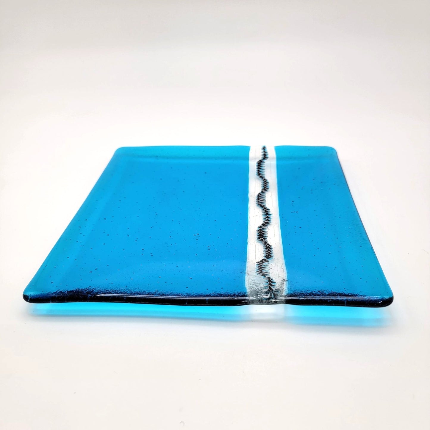 Fused Glass Blue Square Dish With Optical Effect Stripe
