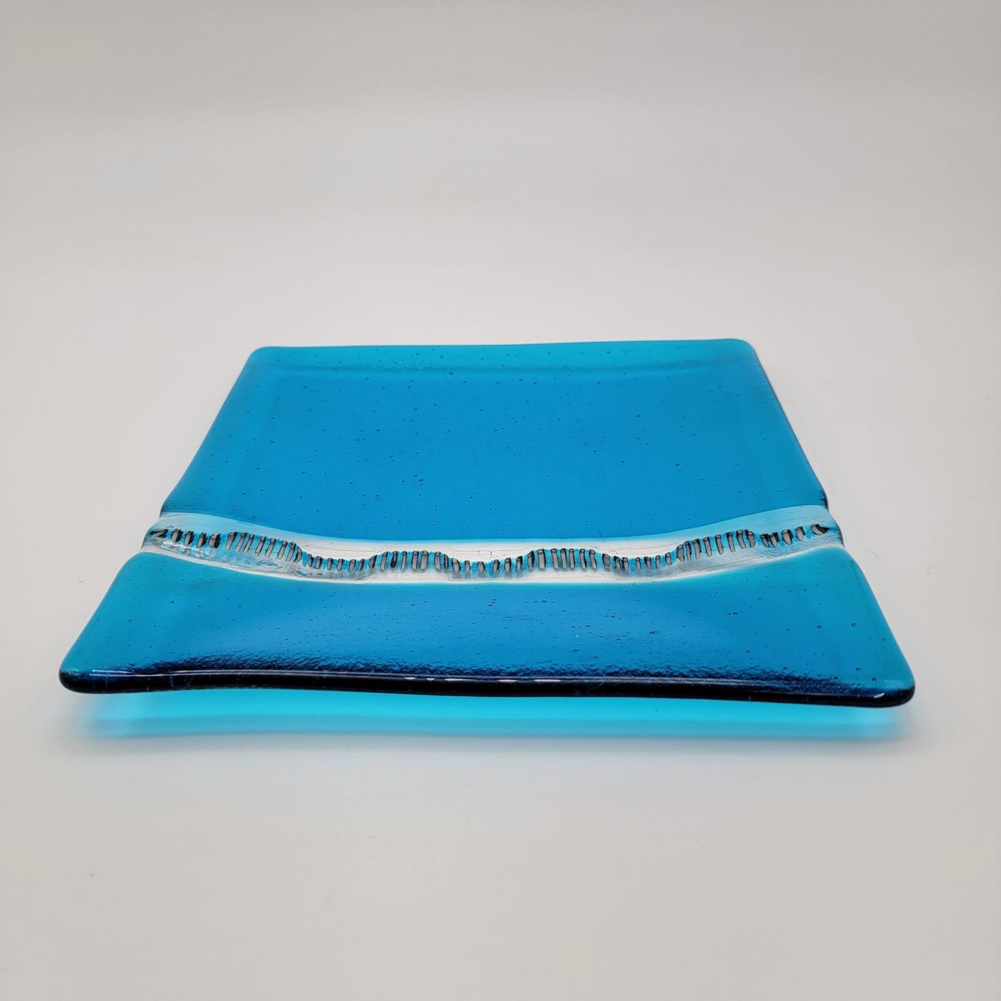 Fused Glass Blue Square Dish With Optical Effect Stripe