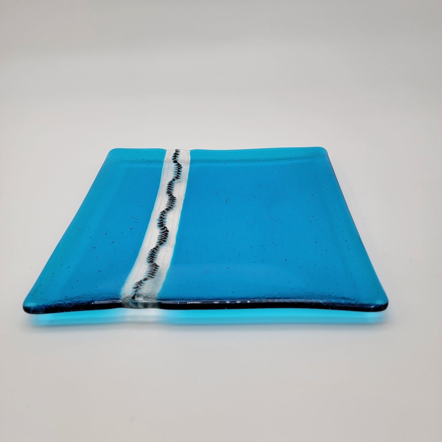 Fused Glass Blue Square Dish With Optical Effect Stripe