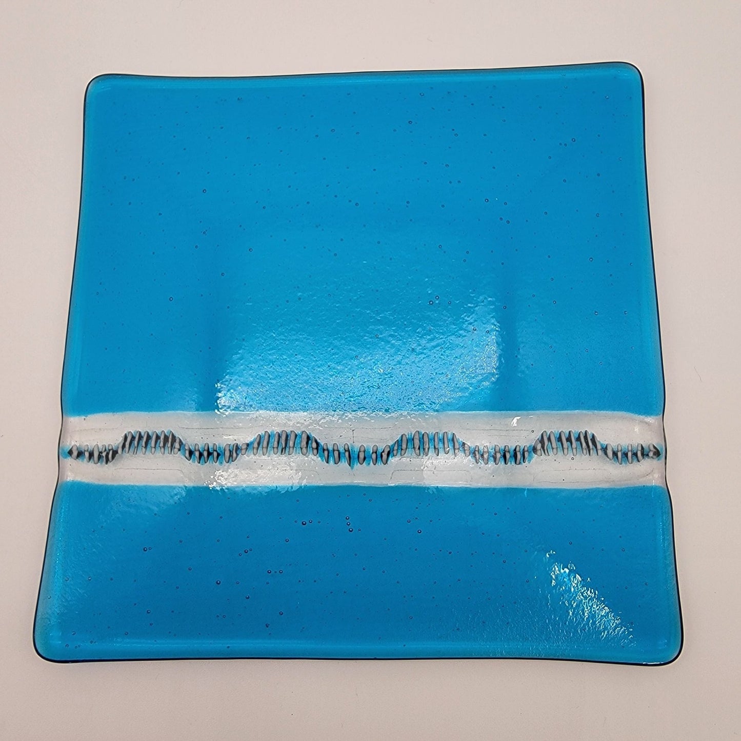 Fused Glass Blue Square Dish With Optical Effect Stripe