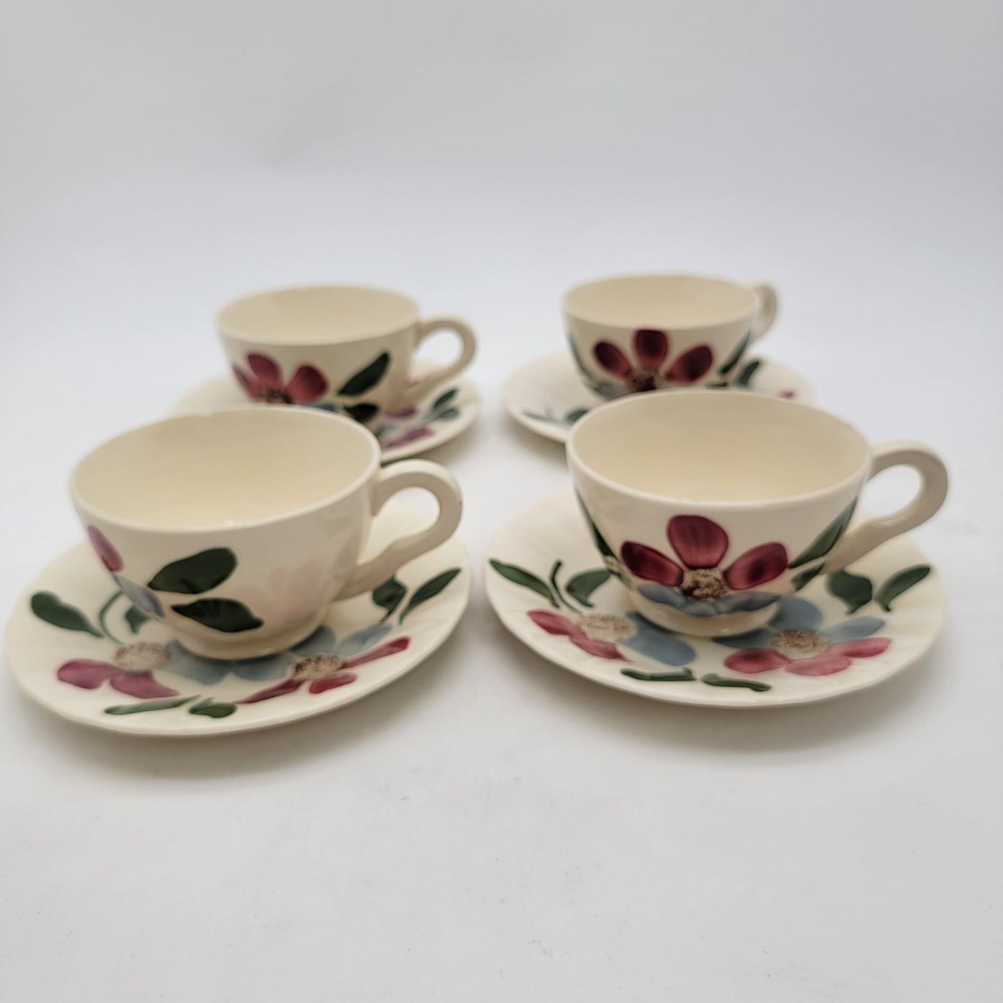 Blue Ridge Pottery Floral Teacup & Saucer Set Of 4 Hand-Painted