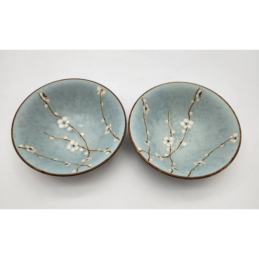 Pair of Vintage Kotobuki Bowl Early Spring Blossoms Blue Pottery