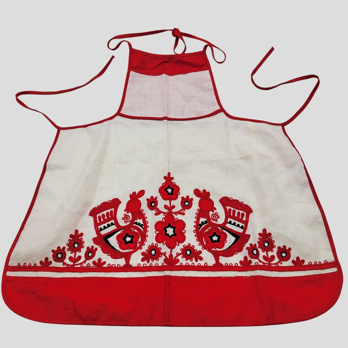 Vintage Embroidered Swedish Rooster Linen Bib Apron Red White Folk Art
