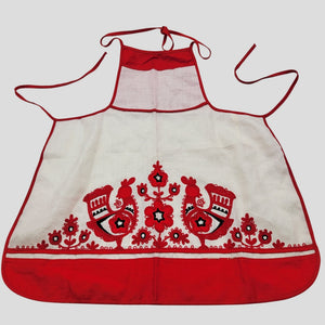 Vintage Embroidered Swedish Rooster Linen Bib Apron Red White Folk Art