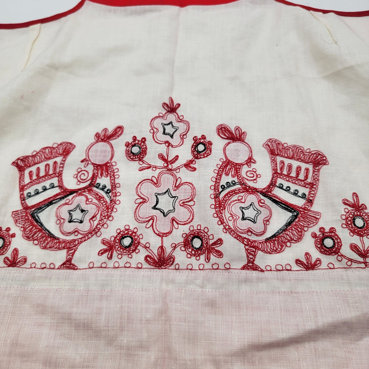Vintage Embroidered Swedish Rooster Linen Bib Apron Red White Folk Art