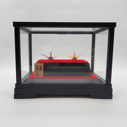Japanese Gold & Silver Meoto Orizuru Origami Cranes in Showcase Display Box