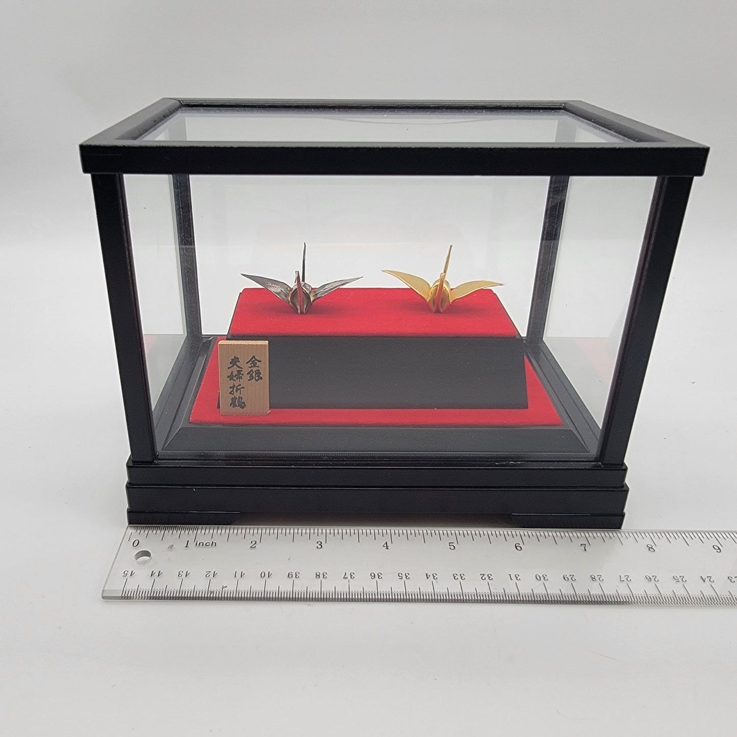 Japanese Gold & Silver Meoto Orizuru Origami Cranes in Showcase Display Box