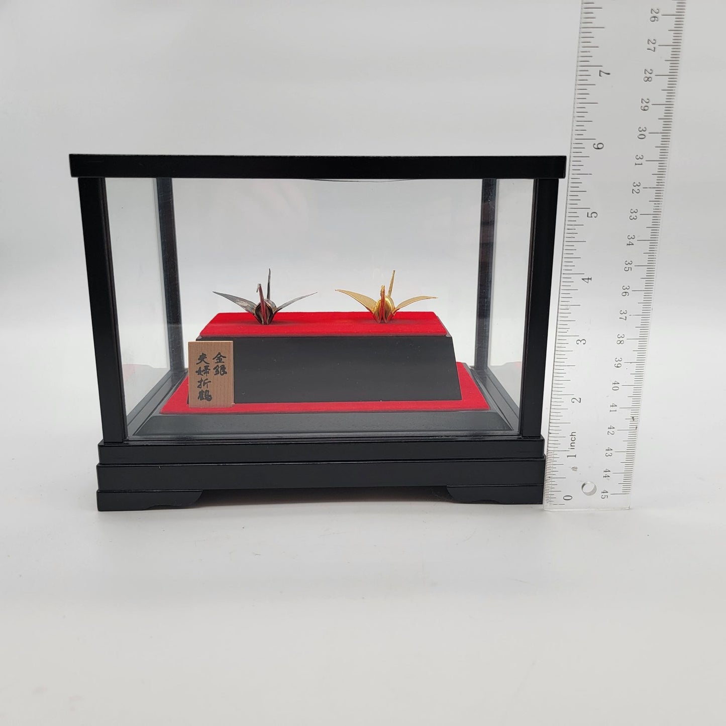 Japanese Gold & Silver Meoto Orizuru Origami Cranes in Showcase Display Box