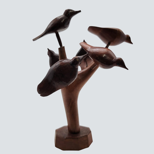 Vintage MCM Hand Carved Wood Sculpture 5 Birds On Tree Limb