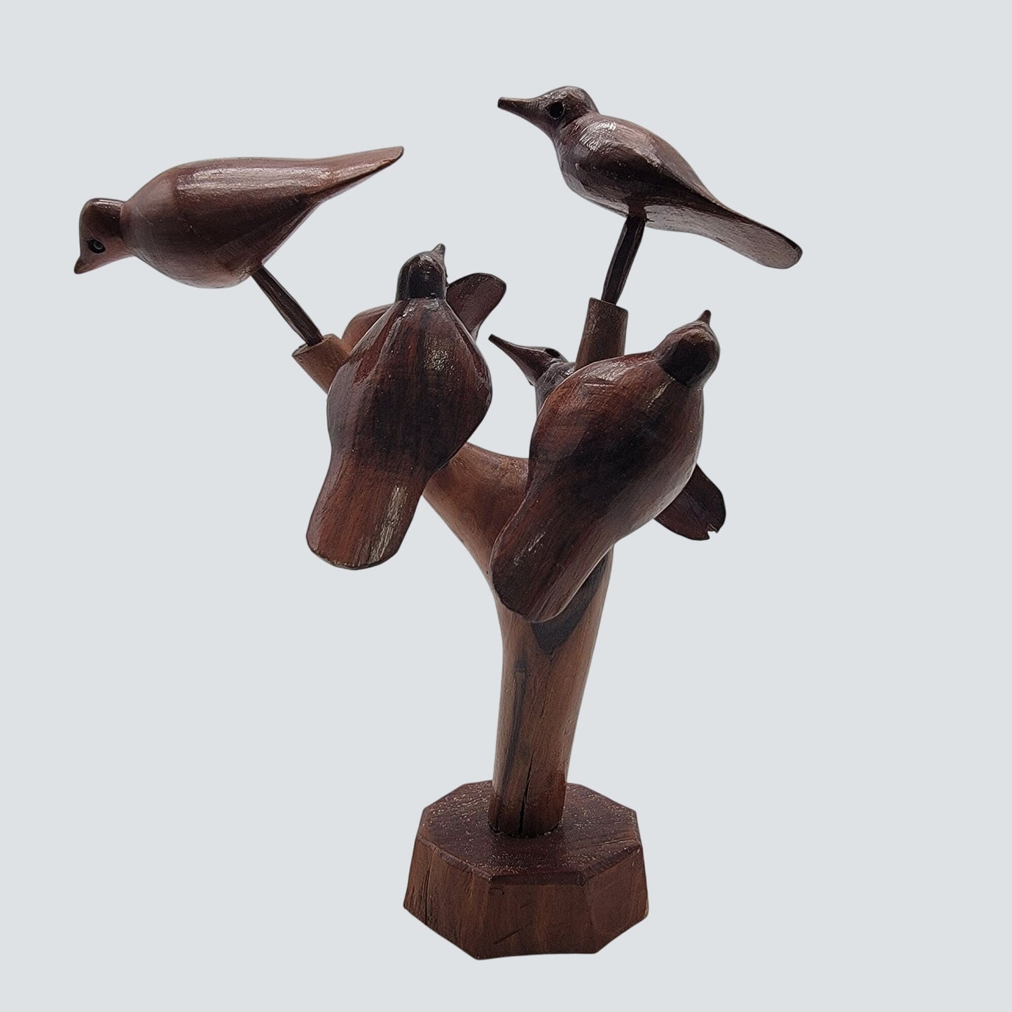 Vintage MCM Hand Carved Wood Sculpture 5 Birds On Tree Limb