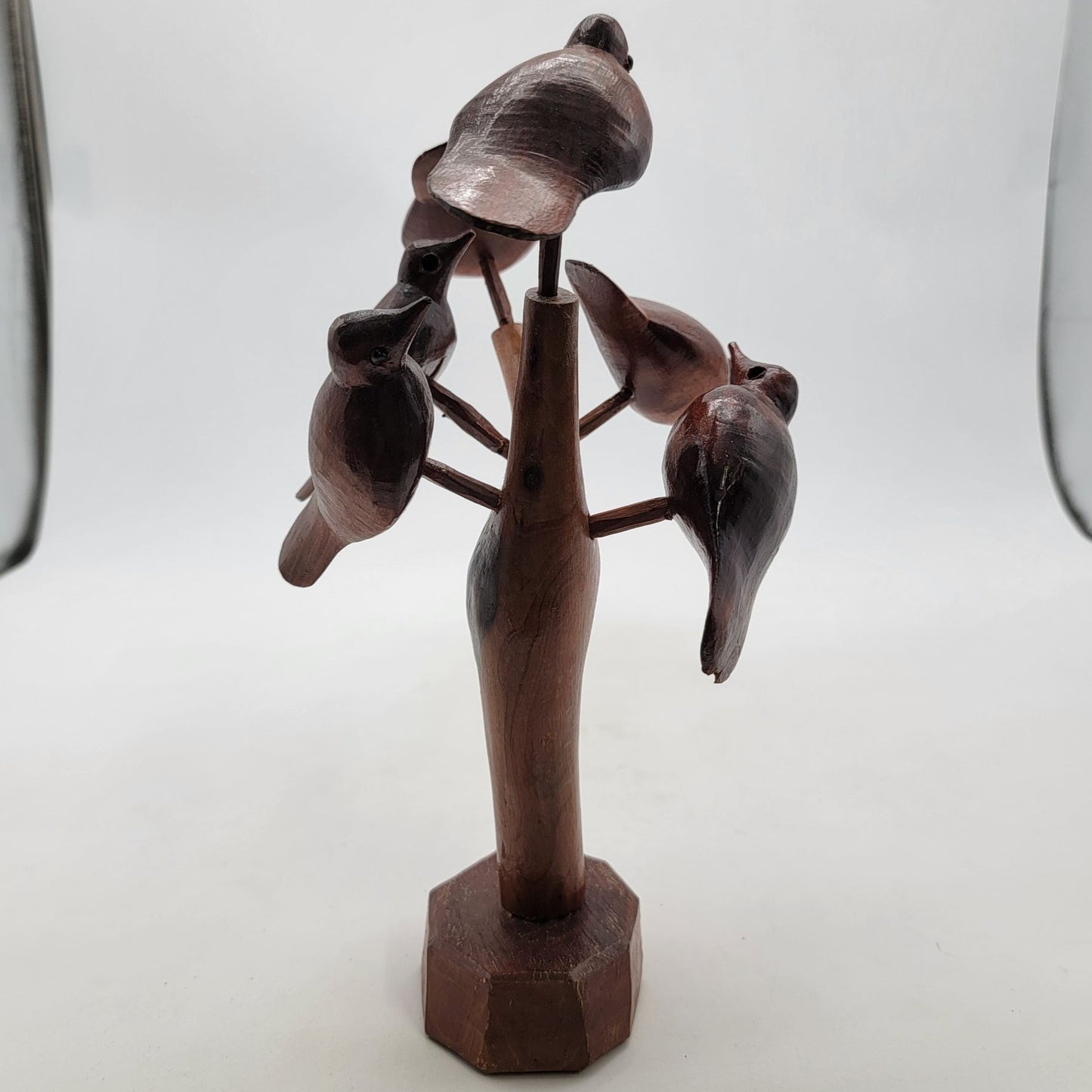 Vintage MCM Hand Carved Wood Sculpture 5 Birds On Tree Limb