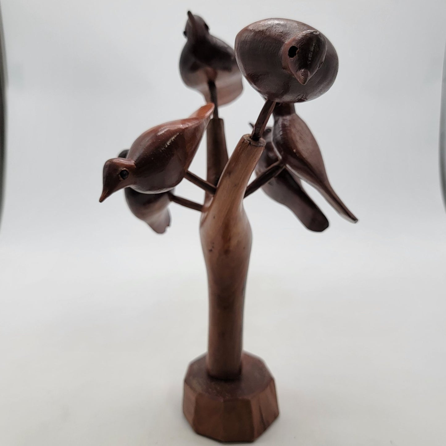 Vintage MCM Hand Carved Wood Sculpture 5 Birds On Tree Limb