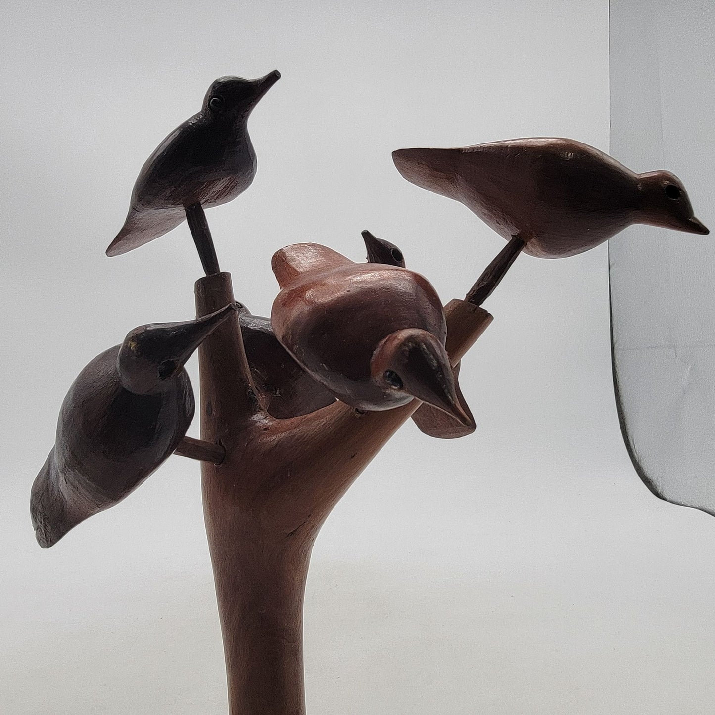 Vintage MCM Hand Carved Wood Sculpture 5 Birds On Tree Limb