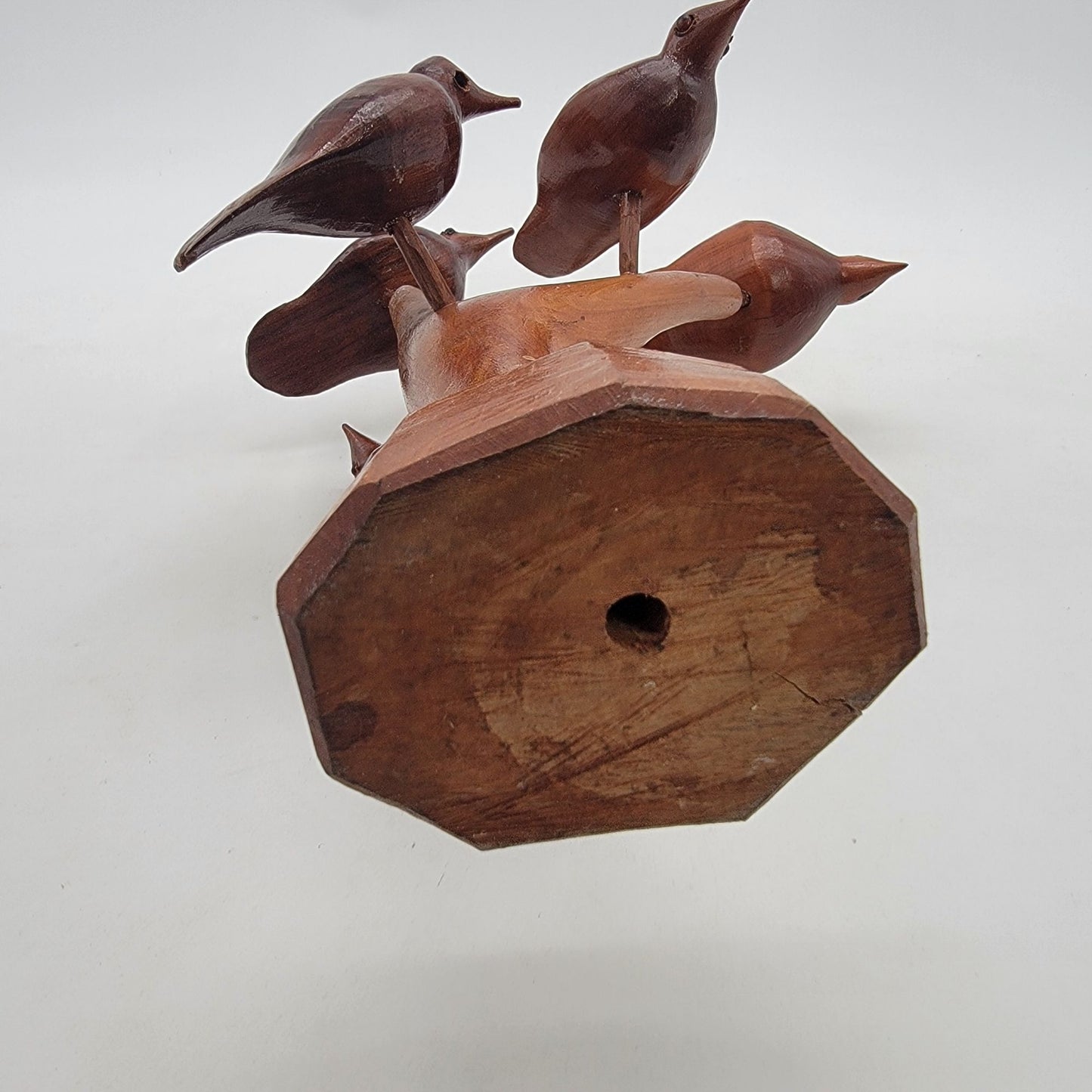 Vintage MCM Hand Carved Wood Sculpture 5 Birds On Tree Limb