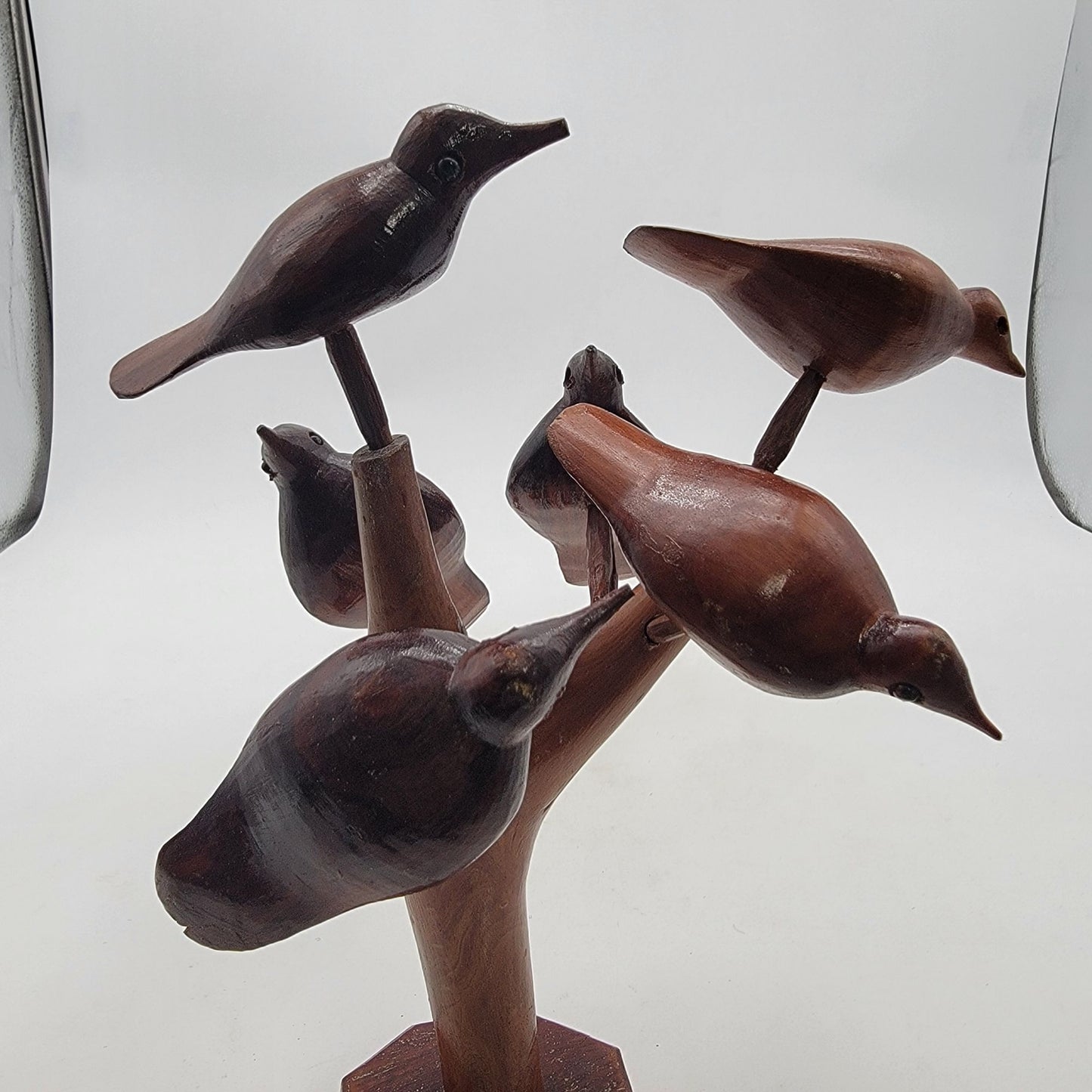 Vintage MCM Hand Carved Wood Sculpture 5 Birds On Tree Limb