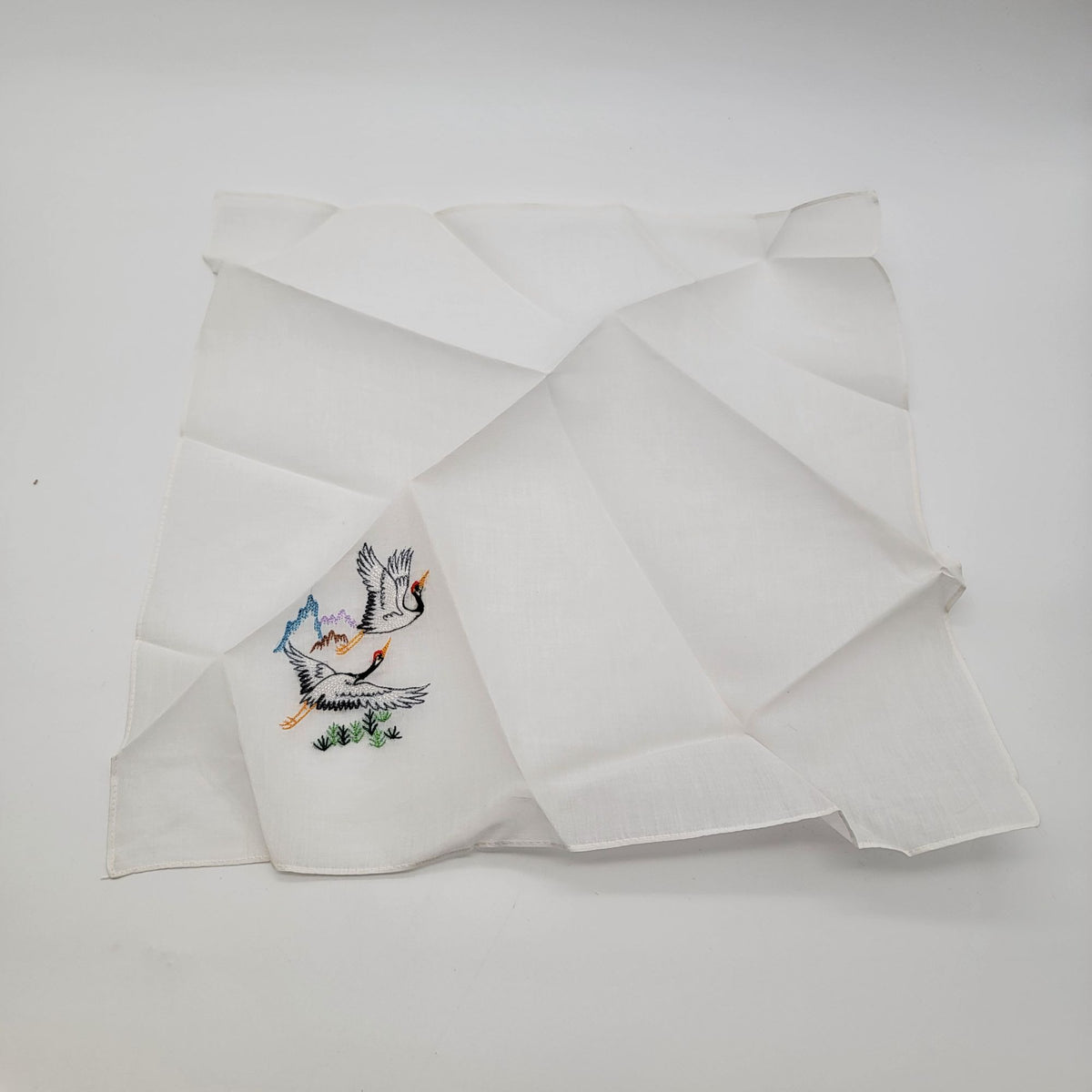 Vintage 2-Piece Beijing Handkerchief Set Embroidered Cranes In Original Box