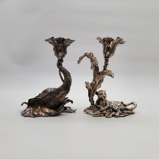 Set of 2 Arthur Court Safari Jaguar & Elephant Candle Holders