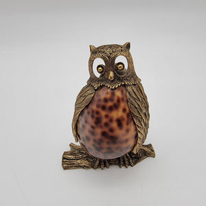Mid-Century Brass & Cowrie Shell Owl Figurine