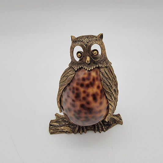 Mid-Century Brass & Cowrie Shell Owl Figurine