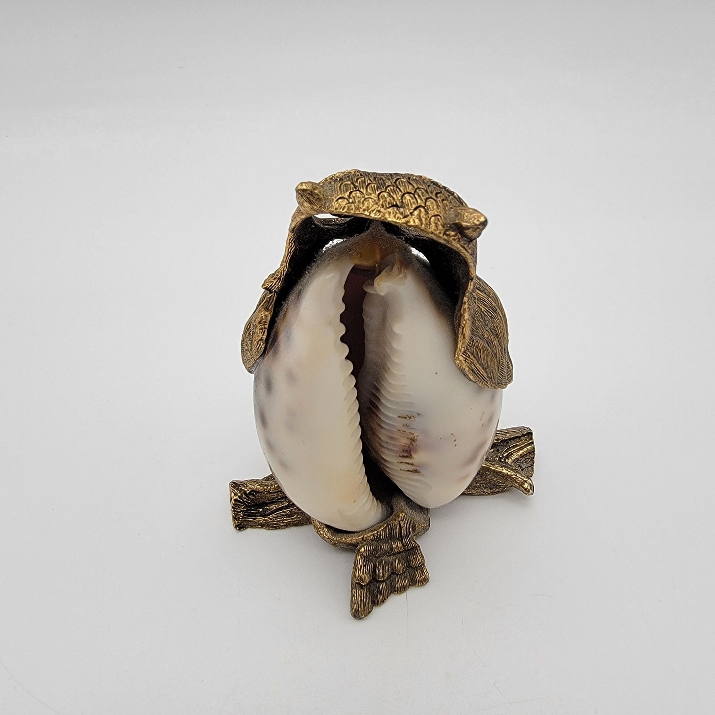 Mid-Century Brass & Cowrie Shell Owl Figurine