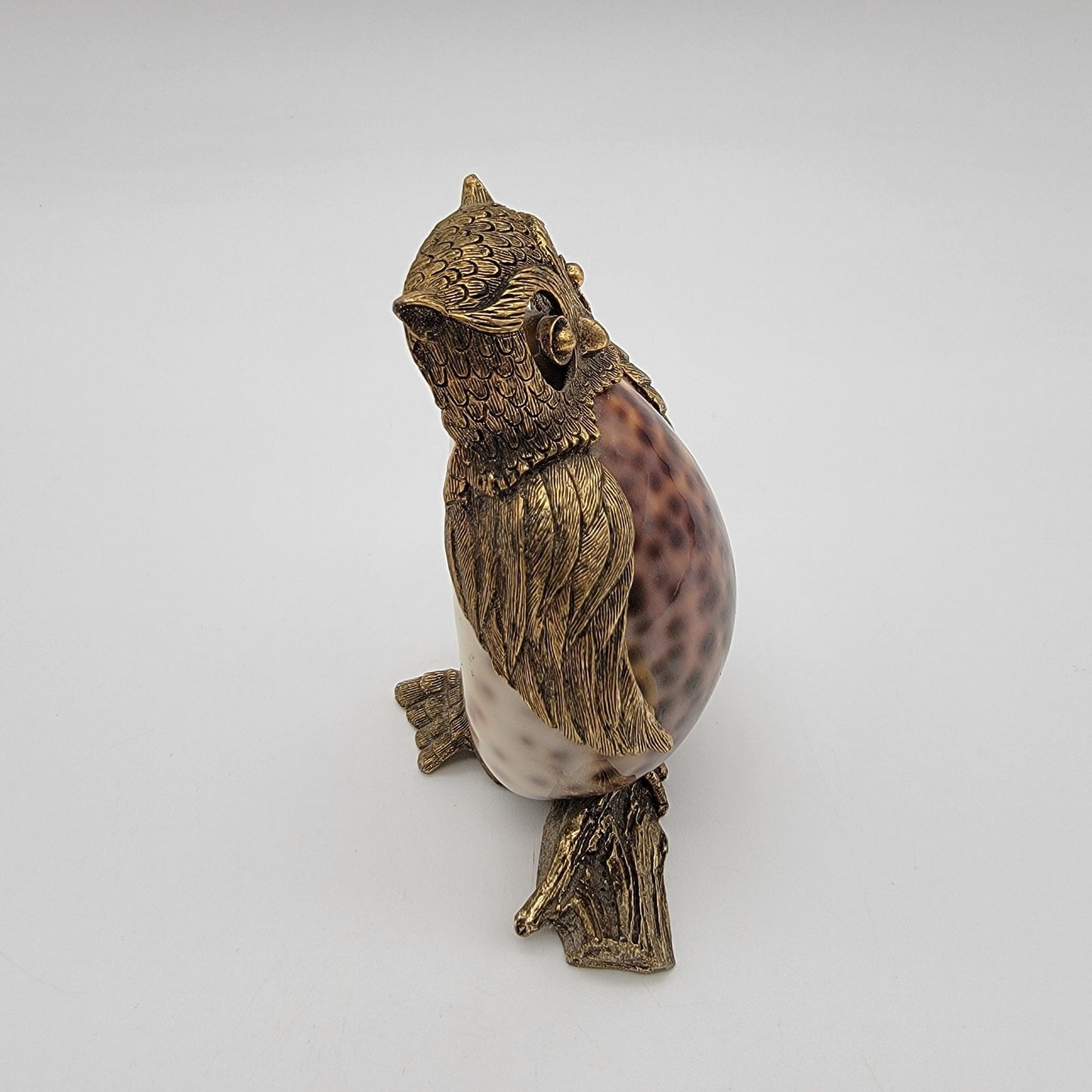 Mid-Century Brass & Cowrie Shell Owl Figurine