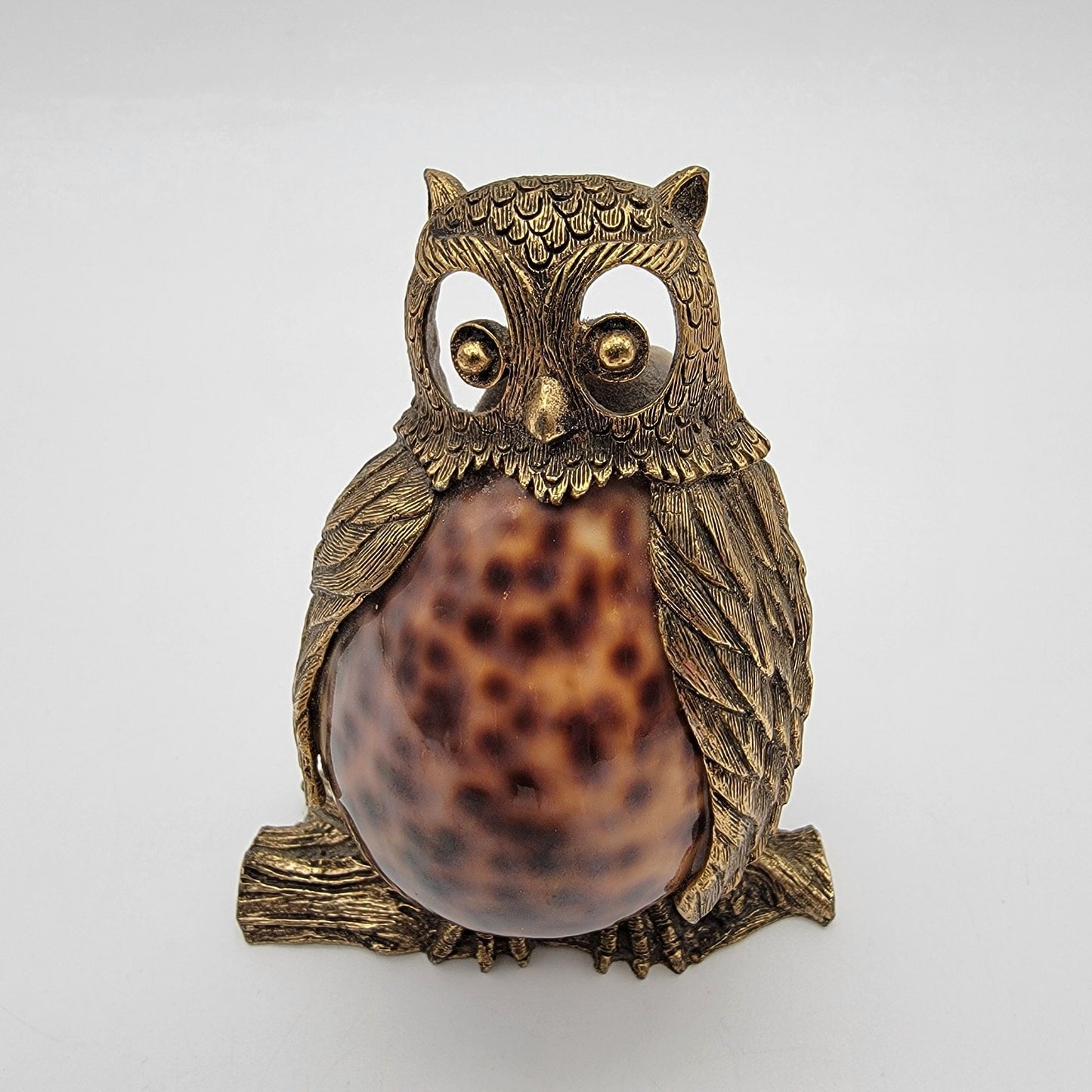 Mid-Century Brass & Cowrie Shell Owl Figurine