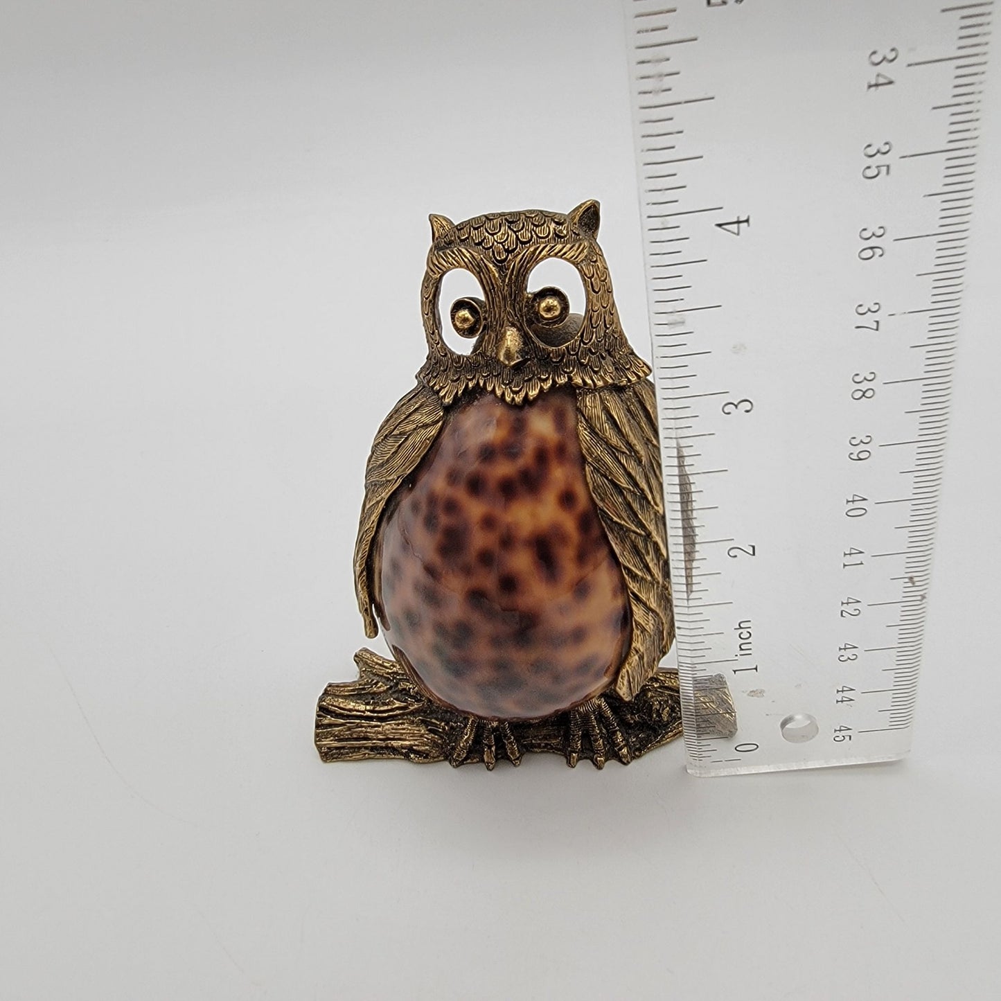 Mid-Century Brass & Cowrie Shell Owl Figurine