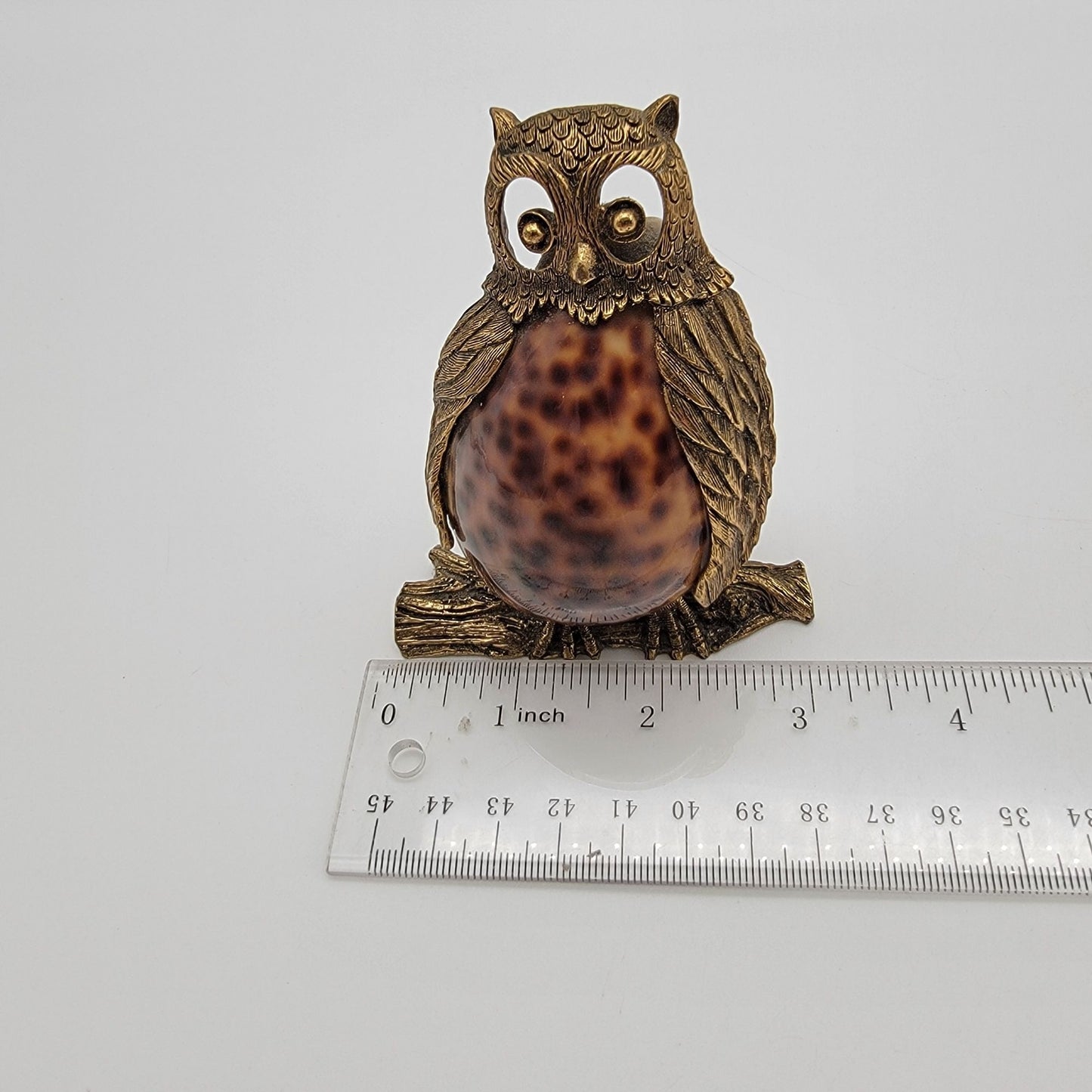Mid-Century Brass & Cowrie Shell Owl Figurine