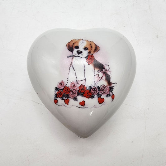 Heart-Shaped Porcelain Puppy & Roses Jewelry Trinket Box