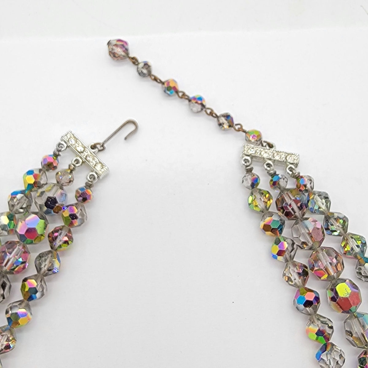 1950s Aurora Borealis Crystal Triple Strand Glass Beaded Necklace