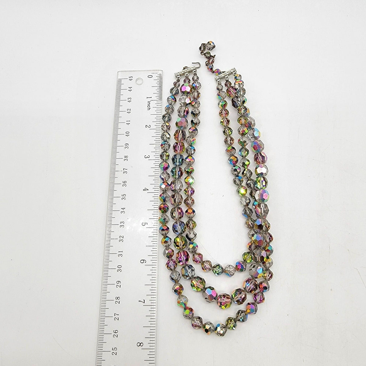 1950s Aurora Borealis Crystal Triple Strand Glass Beaded Necklace