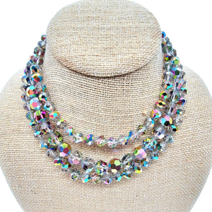 1950s Aurora Borealis Crystal Triple Strand Glass Beaded Necklace