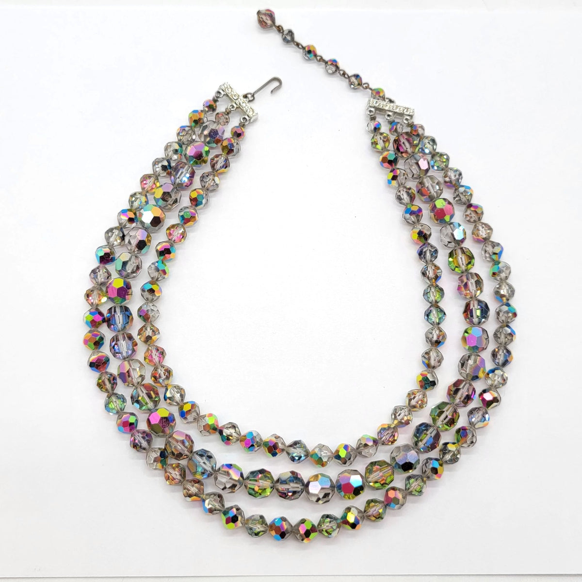 1950s Aurora Borealis Crystal Triple Strand Glass Beaded Necklace