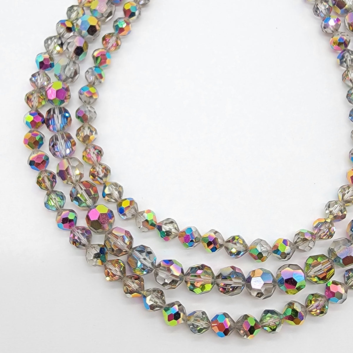 1950s Aurora Borealis Crystal Triple Strand Glass Beaded Necklace