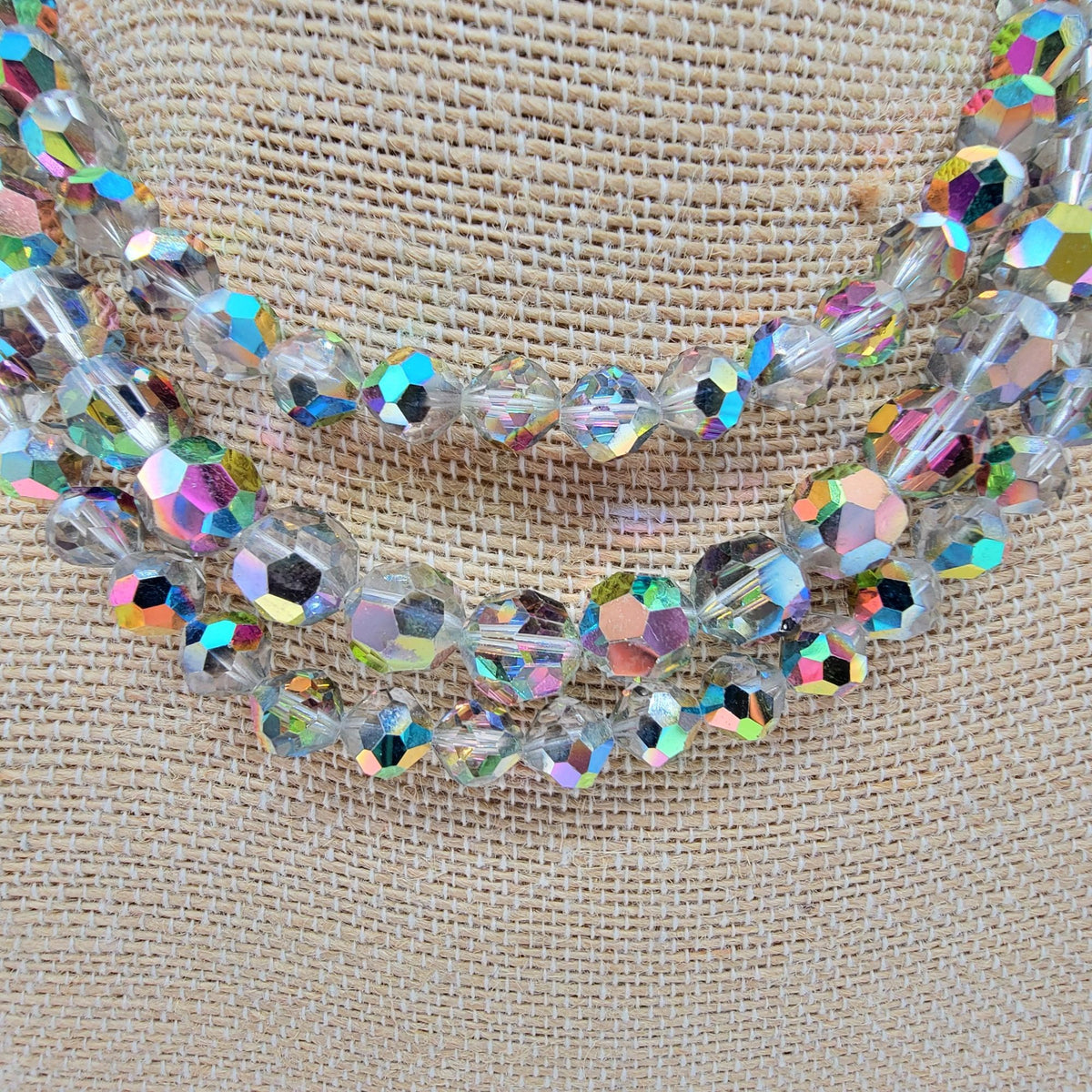 1950s Aurora Borealis Crystal Triple Strand Glass Beaded Necklace