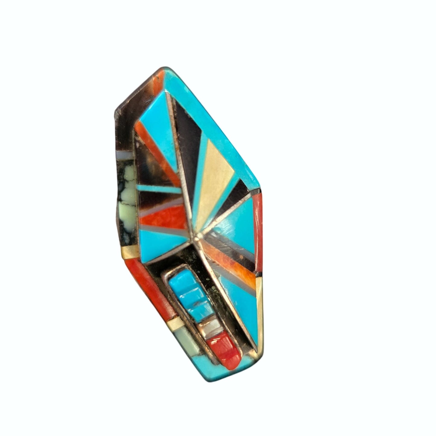 Richard Begay Mosaic Sterling Turquoise Spiny Oyster Coral & Onyx Coffin Ring Size 8