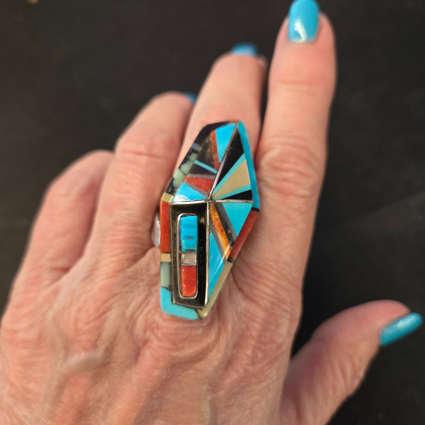 Richard Begay Mosaic Sterling Turquoise Spiny Oyster Coral & Onyx Coffin Ring Size 8
