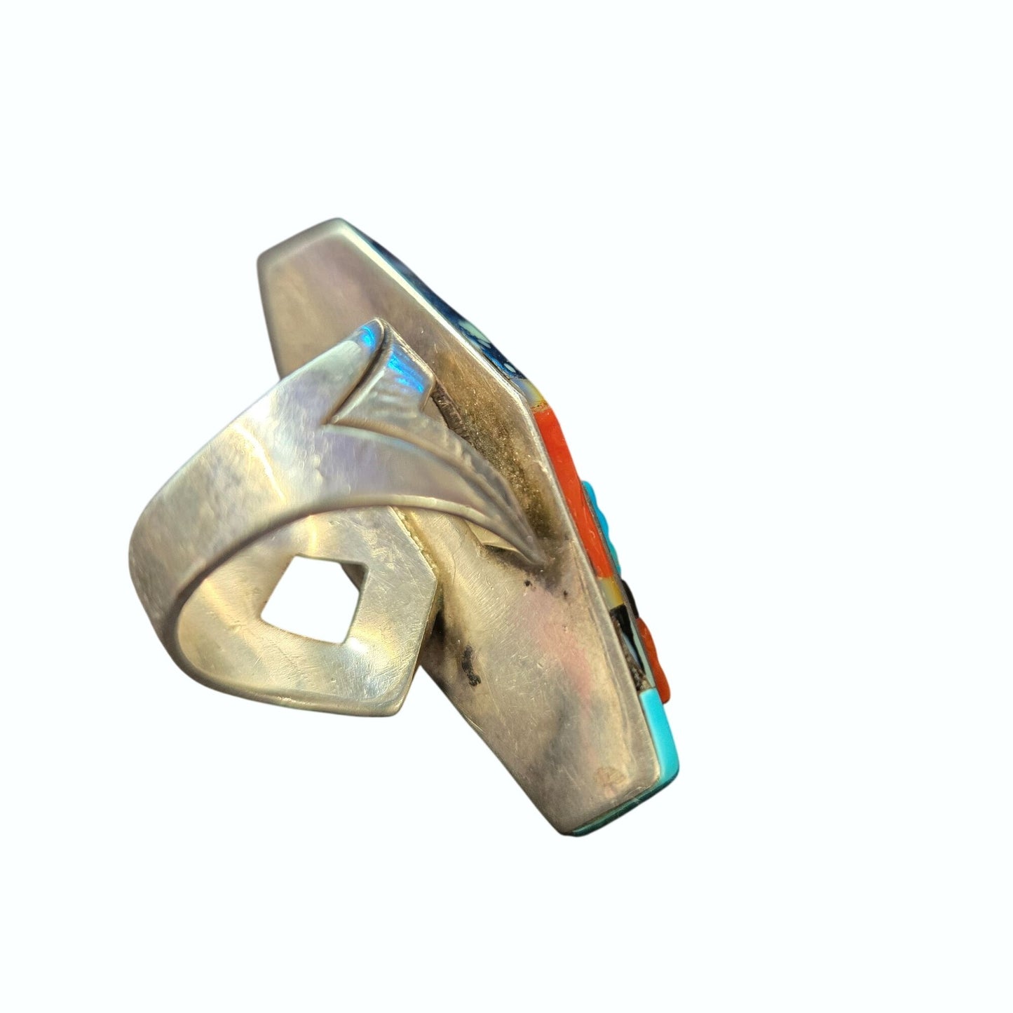 Richard Begay Mosaic Sterling Turquoise Spiny Oyster Coral & Onyx Coffin Ring Size 8