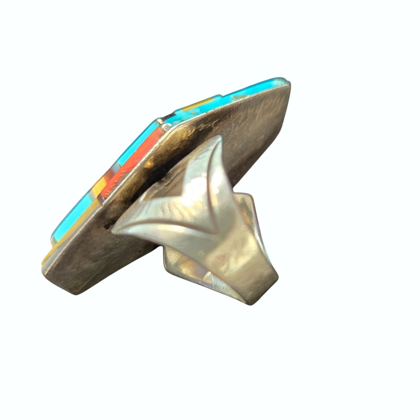 Richard Begay Mosaic Sterling Turquoise Spiny Oyster Coral & Onyx Coffin Ring Size 8