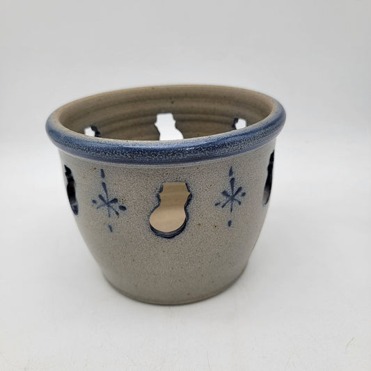Vintage Rowe Pottery Round Candle Holder With Snowman and Snowflake Design