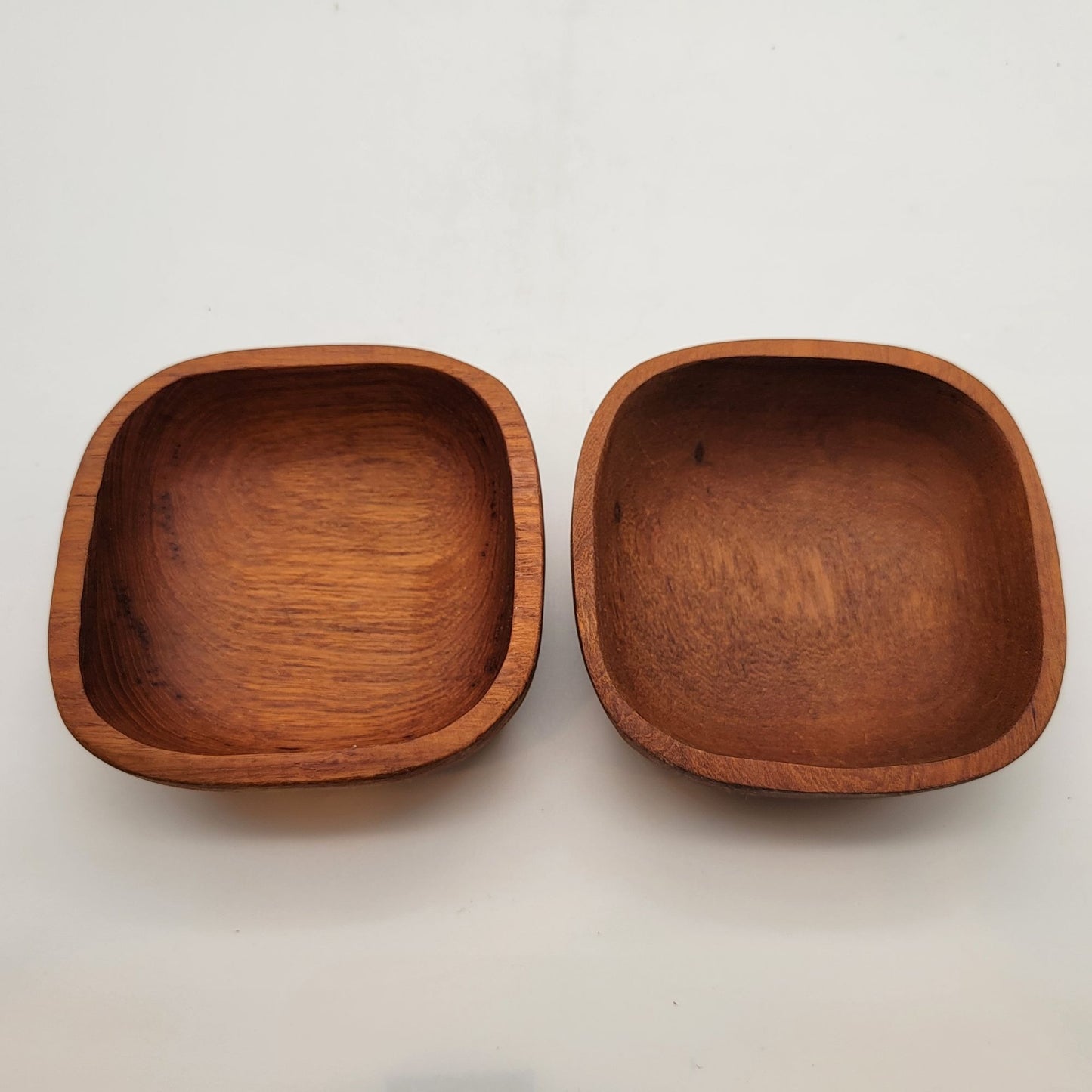 Pair Of Mid-Century Solid Hand-Carved Square Teak Wood Bowls