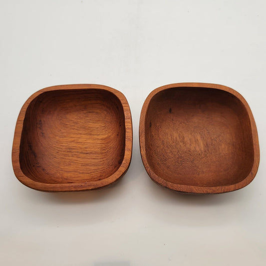 Pair Of Mid-Century Solid Hand-Carved Square Teak Wood Bowls